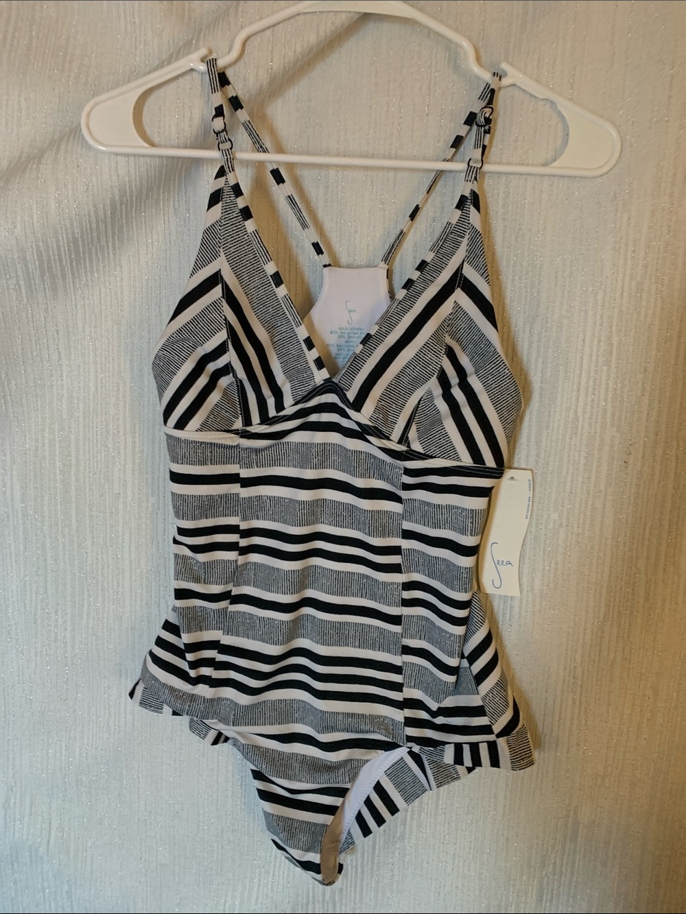 Seea - Made in California 
Striped Dark Navy and White One-Piece Swimsuit